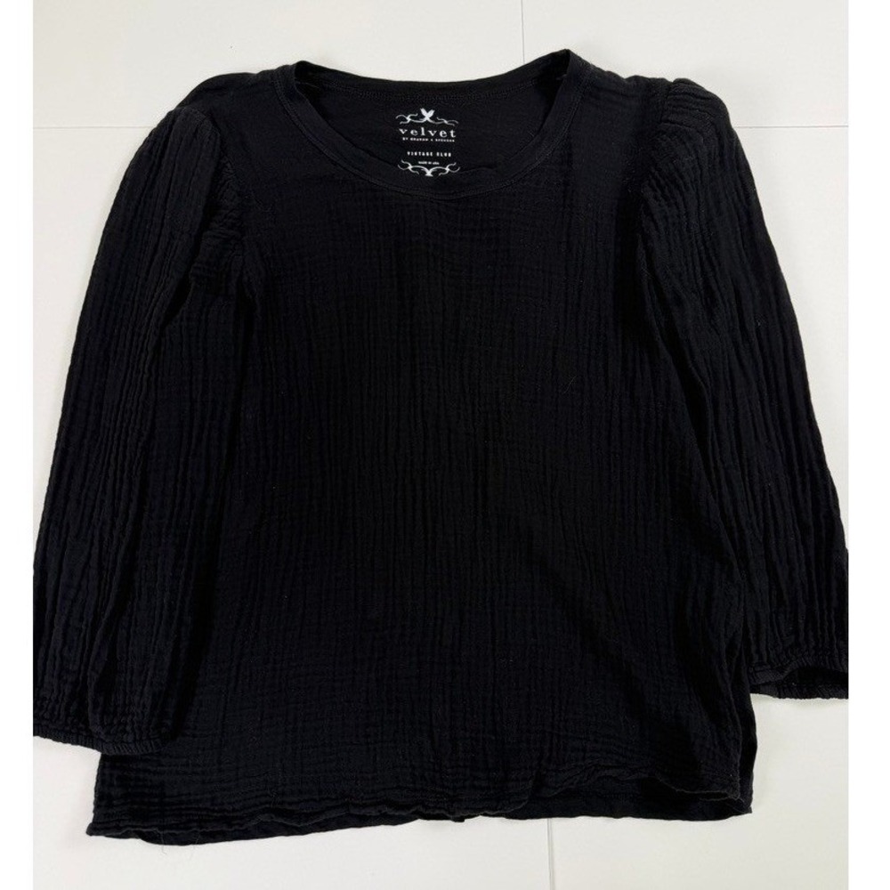 Velvet by Graham & Spencer Black Cotton Gauze Puff Sleeve Top Small